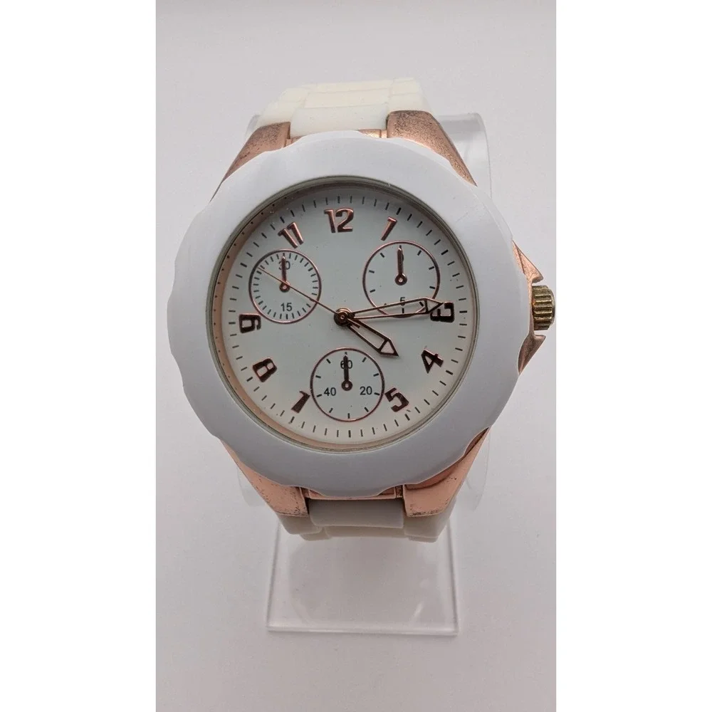 Women's White Ceramic Watch Bracelet‎ Band Rose Gold tone Accent New Battery